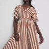 Vestido smock midi-longo às riscas em algodão
