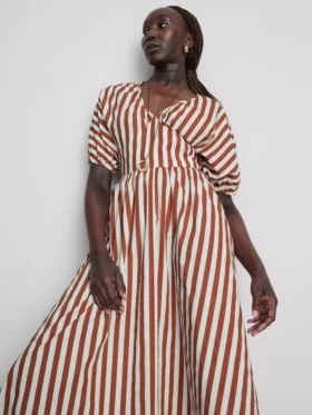Vestido smock midi-longo às riscas em algodão