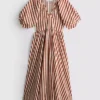 Vestido smock midi-longo às riscas em algodão