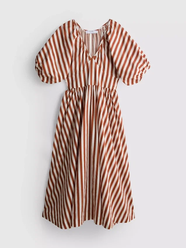 Vestido smock midi-longo às riscas em algodão
